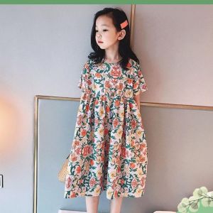 LS จัดแสดงชุดเดรสเด็กผู้หญิงเดรสทรงเอไลน์เดรสกระโปรงยาวชุดเดรสยาวลายดอกไม้สำหรับเด็กอายุ3-14ปีขนาด110-160ซม.