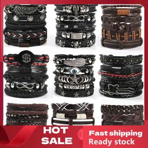 🚚【Local Express Delivery】🚚 Vinatge Gothic Punk Skull Star Metal Multilayer Leather Men Bracelets & Bangles