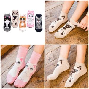 5 Pairs Womens Cotton Ankle Socks Cute Cats Print Breathable Comfortable Low Cut Short Socks for Daily Wear and Sports