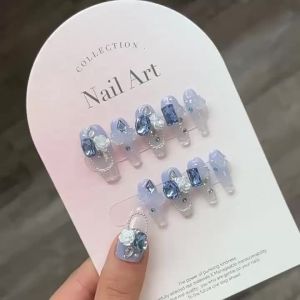[HANDMADE]Artificial Nail Advanced Sea Blue Ice Glass Phototpy Nails Reusable and Removable Nails