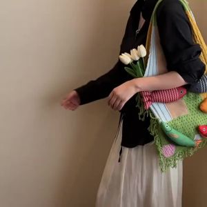 Fashion Summer Cotten Crochet Shoulder Bag Fish Fashion Tassels Beach Handbag Handbag Simple Tote Bag Shopping Bag2026