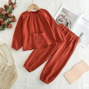 Bear Leader 1-5 Year Old Kids Cotton Clothes Plain Red Christmas Girls Home Wear Pajamas Suit Casual Long Sleeved Pleated Round Neck Top + Pants Two-piece Set Cotton New Years Outfits