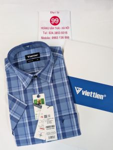 [Việt Tiến] Áo Sơ Mi Ngắn Tay - Regular (Suông) - Vạt Vuông - Kẻ ô màu xanh da trời