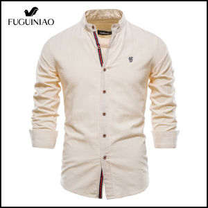 FUGUINIAO Cotton Shirt New Men High Quality Long Sleeve Solid Color Lapel Casual Shirt