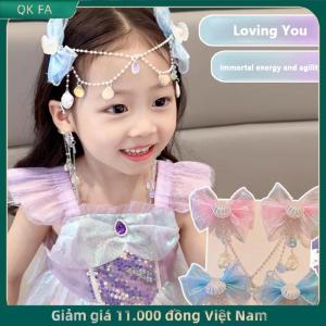 QK FA ✨ Phim Hoạt Hình Cô Gái Tóc Clip trẻ em Nàng Tiên Cá Công Chúa Ngọc Trai rìa màu hồng tím Bow trán chuỗi kẹp tóc Cổ Tích móc tai phụ kiện