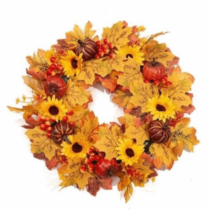 MARGETT Rustic Style Halloween Pumpkin Maple Leaf Wreath Fall Harvest Autumn Maple Leaf Sunflower Garland Artistic Style Simulation Pumpkin Artificial Wreath Farmhouse Decor