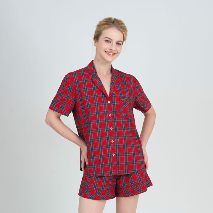 BSK08W5K01-BỘ SHORT KATE VỚI THIẾT KẾ CỔ PIJAMA KẾT HỢP HỌA TIẾT CARO ...