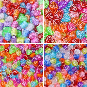 30g Mixed Color Embossed Pattern Acrylic Spacer Beads Rose Flower Love Heart Beads For DIY Bracelets Jewelry Making Accessories