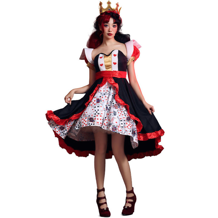 Halloween Costume Red Queen Poker Print Dress Alice In Wonderland Queen Of  Hearts Character Performance Dress