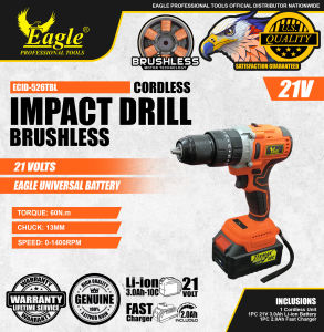 Original Heavy Duty Cordless Brushless Impact Drill ECID-526TBL Eagle Professional Tools 21V With Battery and Charger