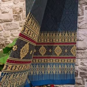 38.ผ้าฝ้าย ผ้าทอทั้งผืน ลายพุ่มข้าวบิณฑ์ สีน้ำเงินคราม