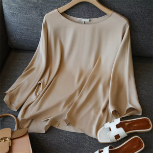 Alisa Sonya Women Satin Blouse Elegant Loose Fit 6 Solid Color Round Neck 3/4 Sleeve Silky Tops