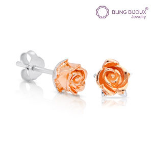 Bling Bijoux ต่างหูเงินแท้ 925  รูปดอกกุหลาบ ตกแต่ง Pink gold 14k ความรักที่แสดงถึงความทนุถนอม