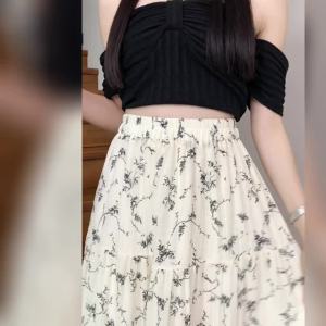 Ammin phong cách Hàn Quốc váy in họa tiết hoa bằng mực Mực dài cho phụ nữ 2024 mùa hè đàn hồi cạp cao thời trang A-line chống trượt chân váy ngắn thanh lịch