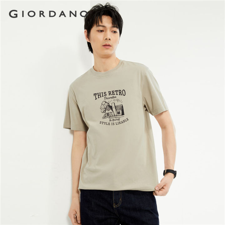 GIORDANO Men T-Shirts 100% Cotton Retro Print Tee Crewneck Short Sleeve Simple Basic Summer Fashion Casual Tshirts 13094210