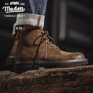 Maden รองเท้าท่องเที่ยวกลางแจ้งผู้ชายสไตล์ผู้ชายรองเท้าผู้ชายรองเท้าบูททะเลทรายหุ้มข้อสูงสไตล์อังกฤษรองเท้าบุรุษลำลองและทันสมัยบูทกันลมหนังทำงานได้ดี2025