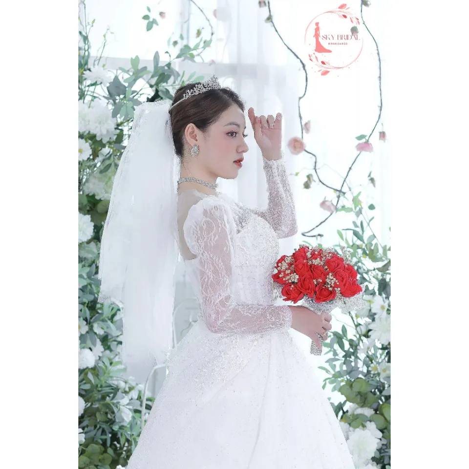 Áo cưới đuôi cá trắng tay dài - L333 - Hien Vy Bridal | Áo cưới Hiên Vy |  Cho thuê áo cưới | Bán áo cưới