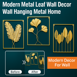 Metal Leaf Wall Art Gold Framed Square Leaf Decor Modern Metal Wall Hanging for Living Room Home Decor