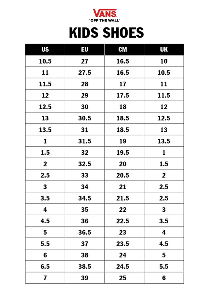 Van old shop skool size chart