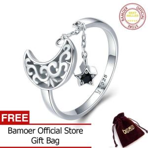 BAMOER ของแท้925เงินสเตอร์ลิงดวงจันทร์และดาวยาวแหวนปรับระดับได้สำหรับผู้หญิงเครื่องประดับเงินแท้ SCR479ธันวาคมคริสมาสต์