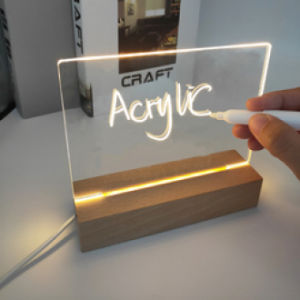 USB Acrylic Night Light LED Message Board Daily Memo Writing Board Rectangle Wood Stand Base LED Wooden Table Lamp Home Decor