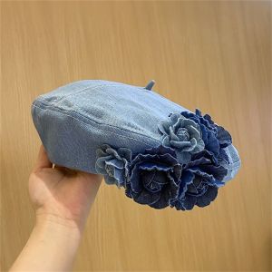 MINIMALUX Màu Denim Mũ họa sĩ cotton Màu tương phản Hoa trà Mũ beret lông mịn Hợp thời trang Mũ nồi hoa