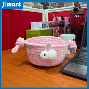 Jimart Pink Cute Rabbit Fluffy Cotton Thread Small Storage Basket Bekas Simpan Barang