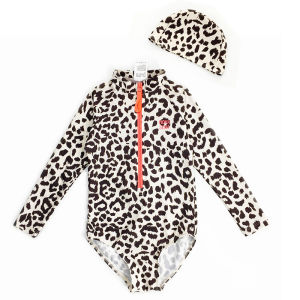 momasong Parent-child leopard print long-sleeve sun-quick-dry childrens swimsuit for vacation and hot springs mother-daughter swimwear