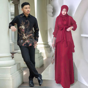 EMRAN BATIK-Batik Couple Dress Lebaran Fuji satu Set Inner Outer Kimono Gamis Muslim Wanita Pesta Kondangan Bridesmaid Wisuda Brokat Tile Bordir Motif