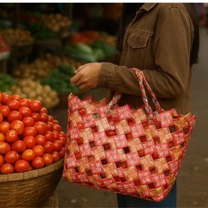 Tas souvenir daur ulang Bungkus Kopi Kapal Api Kerajinan Anyaman Tas Belnja Pasar sayur dan buah