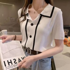 Fashion elegant stretchable knitted polo shirt for women korean style soft knitted cardigans white knitted blouse trendy office lady