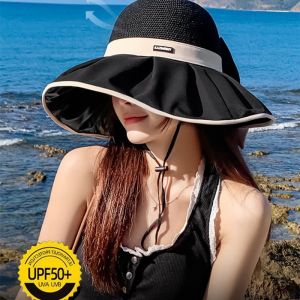 UPF50+ Summer Sun Hat Womens Bow Bucket Hat UV Protection Sun Hat with Black Glue Face Covering Sun Visor