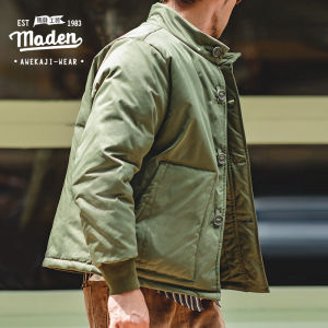 Maden Thương hiệu dụng cụ phong cách 2025 mùa đông Sản phẩm mới người đàn ông trẻ cứng rắn người đàn ông Nhật Bản retro đứng lên cổ áo dày A1 Áo Khoác Bomber cotton đơn ngực áo khoác nam