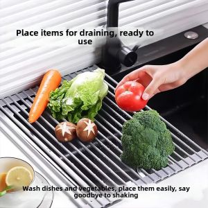 HELLOBBY Rustproof Sink Drain Rack Multi-Functional Space Saving Dish Drainer Filter Rack Easy Clean Roll Up Dish Rack Kitchen Counter