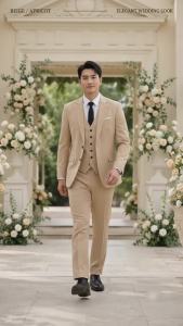 Men’s Premium Beige 3 Piece Suit Old Money Yayamanin Look Wedding Groom Formal Blazer Vest Pants Plus Size S-6XL Free Tie