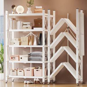 Folding kitchen rack/3 / 4 / 5 foldable storage rack with wheels for moving and fixing metal storage racks household goods floor type storage rack