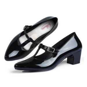 New Womens Black Shoes Korean Style Fashionable Student High Heels 5cm Rubber Non-slip Waterproof Material for School & Work with Stylish Buckle Design 0100523