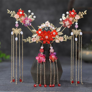 Bộ kim quan cài tóc cổ trang hanfu màu đá hoa đỏ phong cách cổ phong
