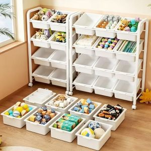 4-Layer Kids Toy Storage Organizer with Wheels Children Bookshelf Rack Multi-Purpose Storage Trolley for Playroom Nursery Bedroom Living Room