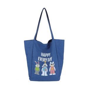 GDRGHJN ความจุขนาดใหญ่ กระเป๋าโท้ตสองด้าน รูปสัตว์การ์ตูน น้ำหนักเบา กระเป๋าถือสีน้ำเงินเดนิม ทันสมัย หลากหลาย กระเป๋าผ้าแคนวาสผู้หญิง ฤดูร้อน