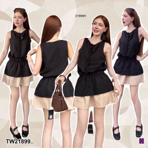 TW21899 เดรสสั้น แขนกุด ผูกอก ยางยืดรอบเอว เนื้อผ้าสลาฟ นุ่ม มีน้ำหนัก