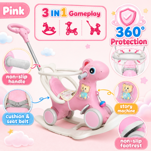 3in1 Rocking Horse for Kids Anti-tip Horse Toy Ride with Fence Balance Bike Multifunctional Toy