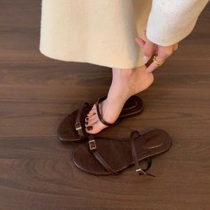 IELGY รองเท้าแตะส้นแบนแบบสวมสไตล์เรโทรสำหรับผู้หญิง