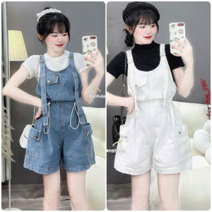 TIENSTYLE - Quần Yếm Jean Nữ Hai Dây Rút Eo Nắp TúiYếm Jean Short Túi Hộp