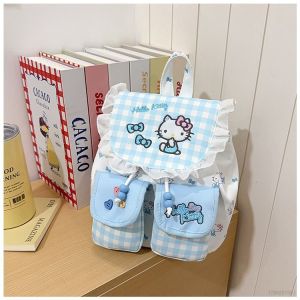 clu Little Fresh Blue and White Grid Backpack for Women Cute Cartoon Lightweight Versatile Travel Bag ulc