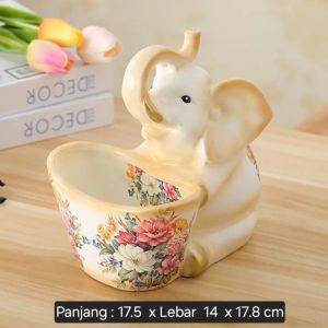 Patung Gajah Oriental Ornament Bunga Fitur Rak Organizer Meja Kantor Belajar Vintage
