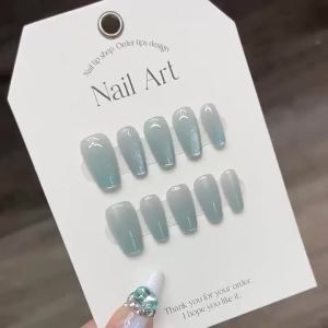 [HANDMADE]Artificial Nail Dreamy Cool Summer Fairy Sea Salt Ice Blue Cat Eye Phototpy Nails Reusable and Removable Nails