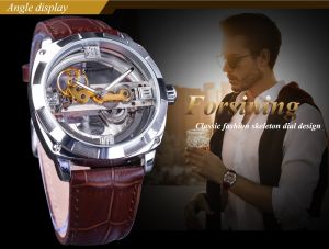 ใหม่ Forsining แฟชั่น Luxury CLASSIC นาฬิกาสำหรับผู้ชายพร้อมคุณภาพสูง transparent Skeleton สายหนังนาฬิกาผู้ชายของขวัญ