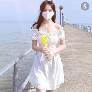 Square Neck Puff Sleeve Super Fairy Sweet Pure Color Dress