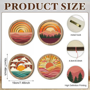 BHQ 4Pcs Wooden Wall Art Decoration 20x20cm Round Bohemian Wall Decor Home Decor Hiasan Pajangan Dinding